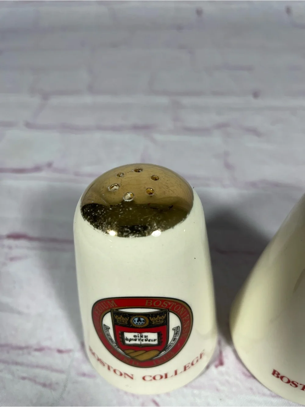 Vintage Boston College Ceramic Salt and Pepper Shaker Pair Gold Trim